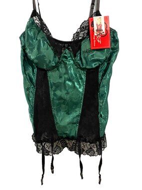 WHIMSIGOTH Satin Lace Bustier Green 2XL Vintage Lingerie Garter Burlesque Pin Up